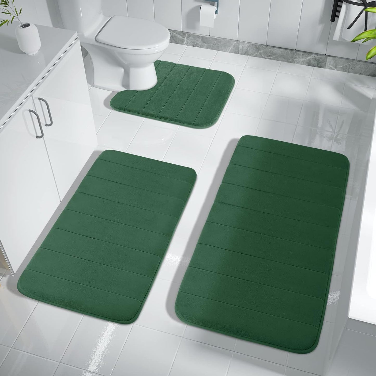 3 Pieces Memory Foam Bath Mat Set with U-Shaped Toilet Rug - Non Slip Super Soft Absorbent Quick Dry Bathroom Rugs for Bathtub, Vanity & Toilet Base, Beige