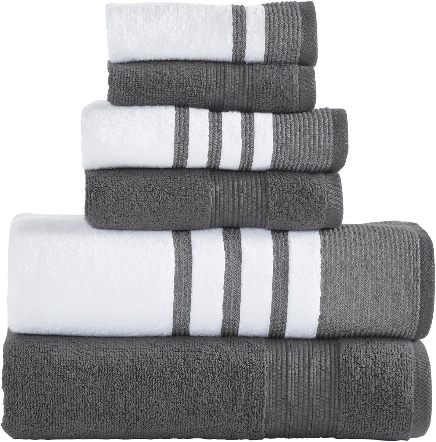 6 Piece Set, 2 Bath Towels, 2 Hand Towels, 2 Washcloths, Quick Dry White/Contrast Reinhart Sage