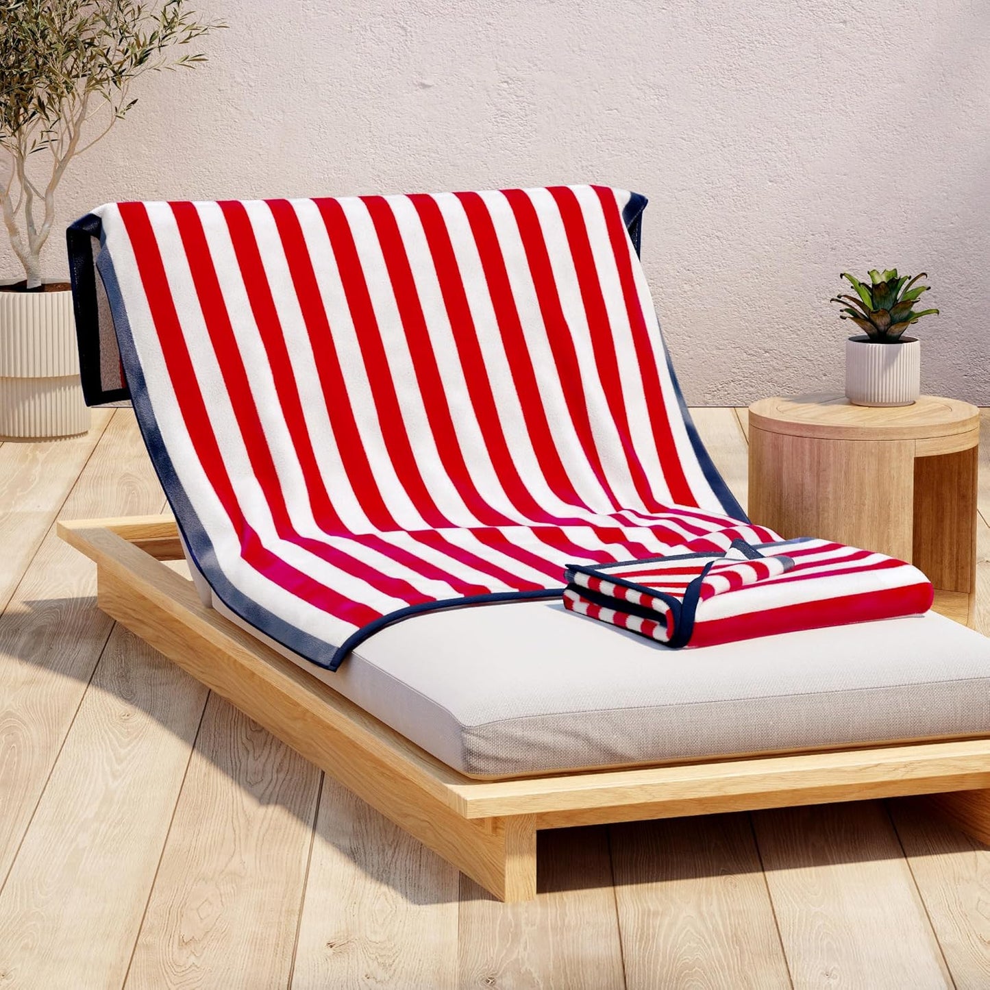 100% Cotton Velour Beach Towels - Oversized (35" X 70") Stripe Border Pool Towel - Quick Dry, Absorbent, Ultra-Soft (Mineral Blue/Blush).