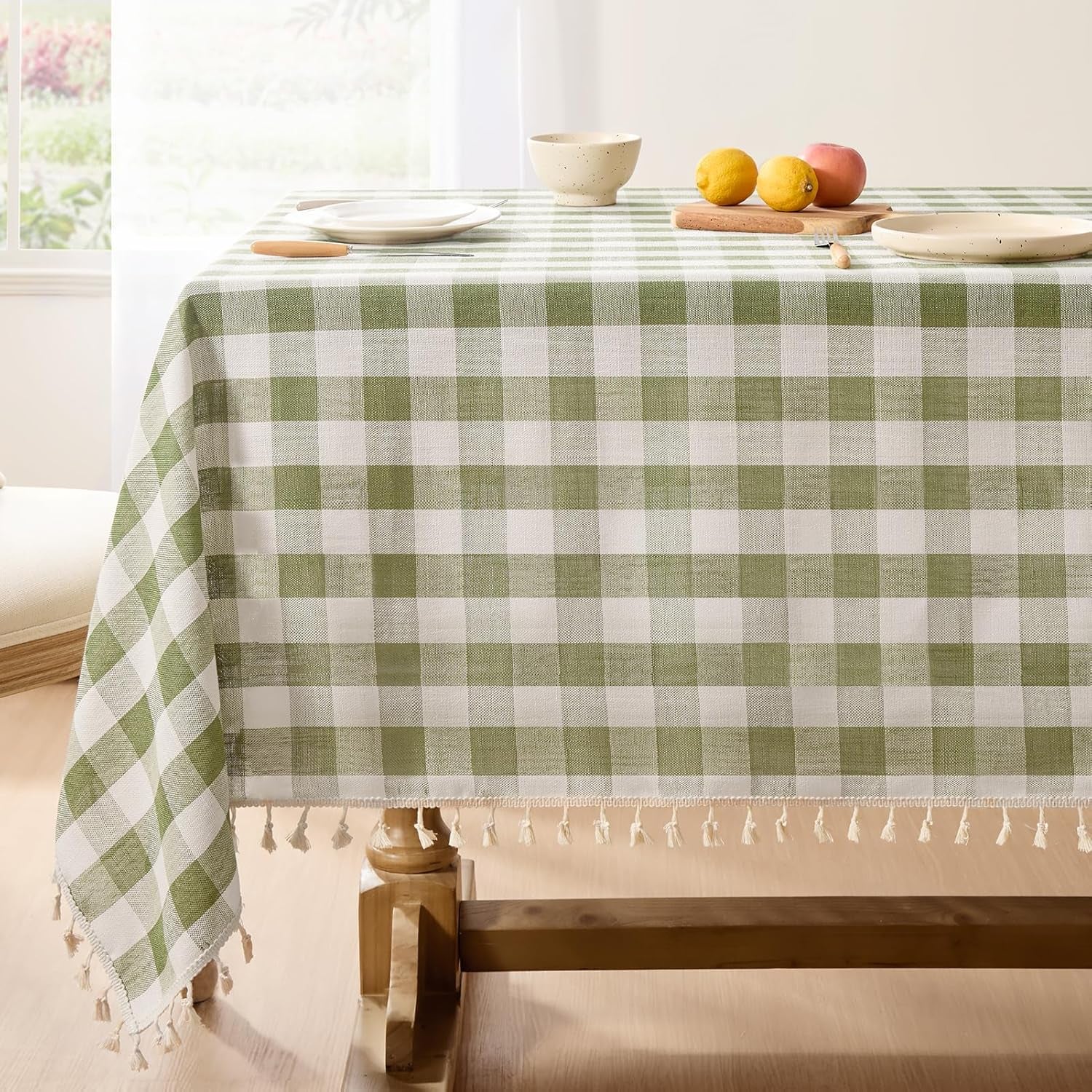 Checkered Tablecloth Rectangle, Heavy Weight Linen Gingham Christmas Table Cloth with Tassel, Washable Wrinkle Free Buffalo Plaid Table Cover for Dining/Party/Home - 55 X 84 Inch, Sage