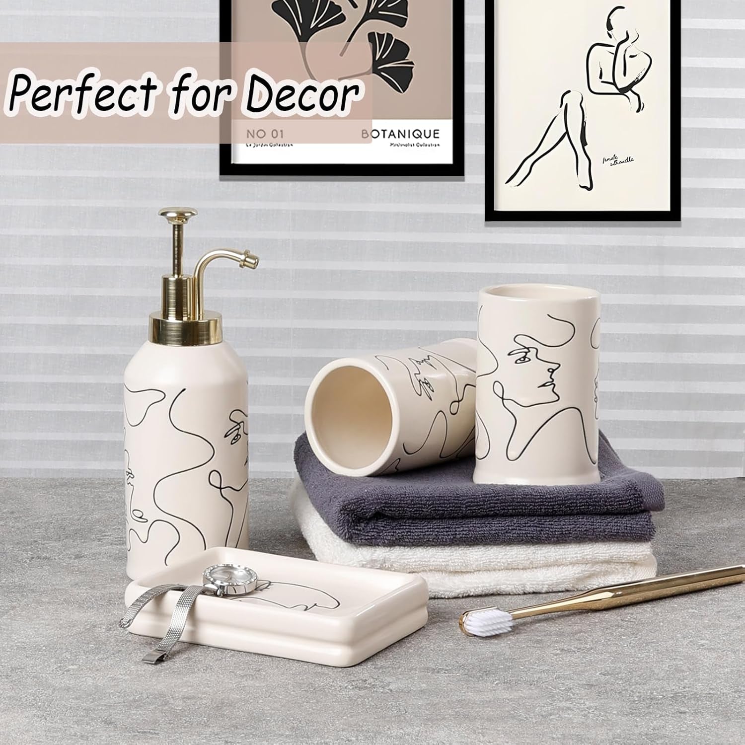4 Piece Ceramic Bathroom Accessory Set, Artistic Line Face Bathroom Sets Accessories with Soap Dispenser, Toothbrush Holder, Tumbler, Soap Dish, Abstract Bathroom Set for Decor, off White