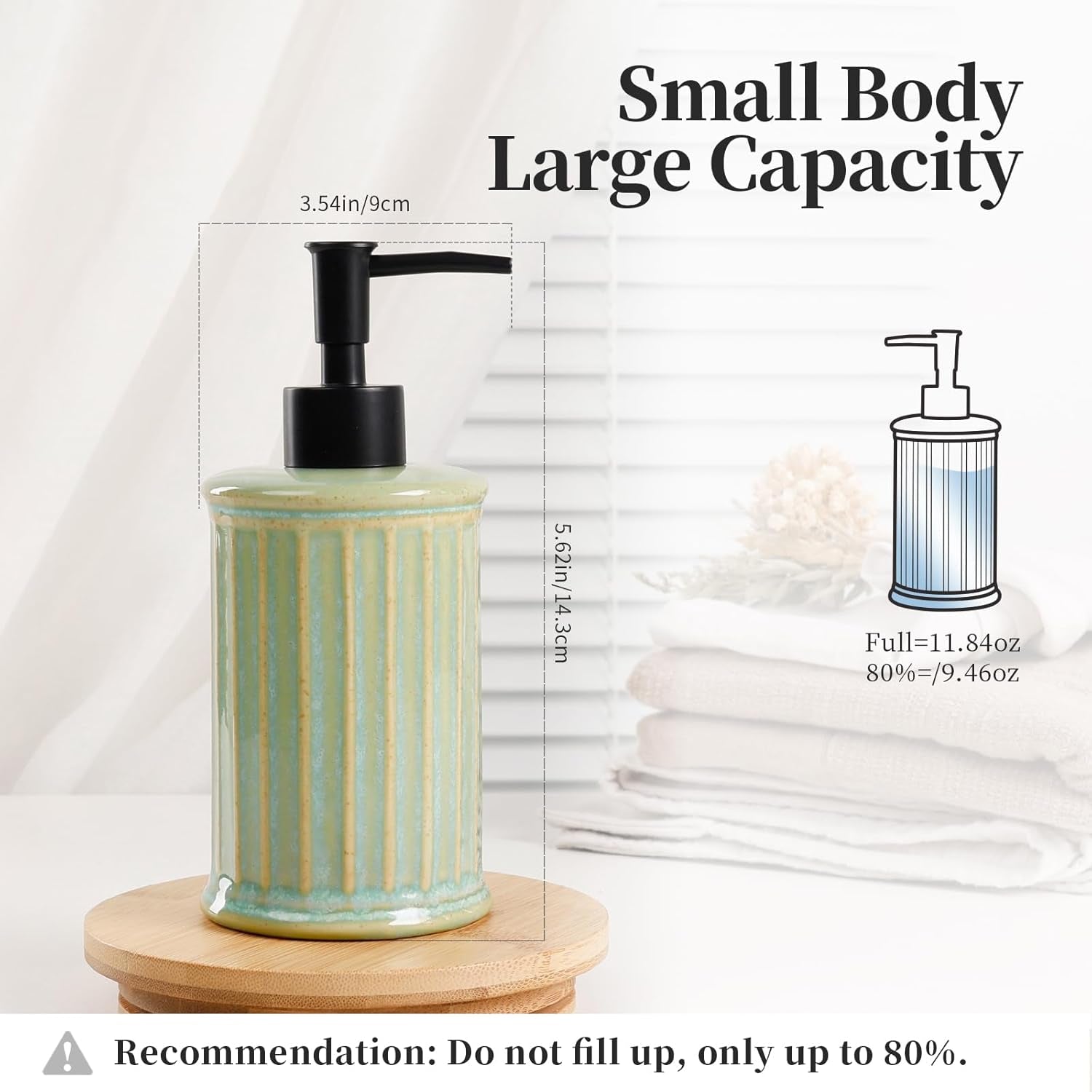 Soap Dispenser, Ceramic Liquid Dish Soap Dispenser 11.84OZ, Hand Soap Dispenser for Kitchen Bathroom, Refillable Shower Soap Dispenser, Light Green,