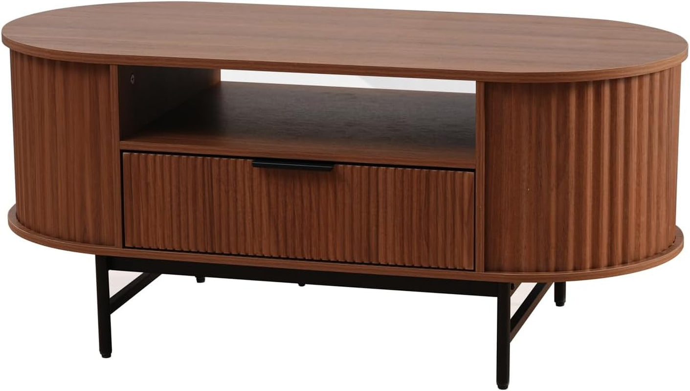 Modern Fluted Coffee Table, 42'' Oval Coffee Table with Drawer, Curved Wooden Center Table with Black Metal Legs for Living Room, Walnut
