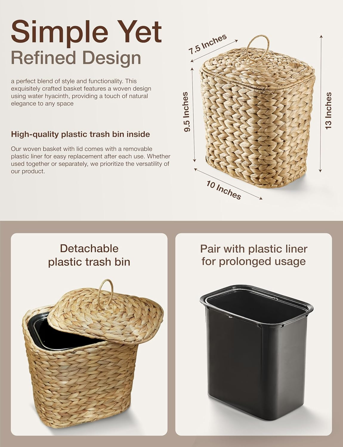 2 Gallons Wicker Waste Basket with Lid - Large Wicker Trash Can for Office - Waste Basket for Bedroom, Bathroom, Kitchen, Living Room - Boho Handwoven Trash Cans for Garbage (2 Gallons)