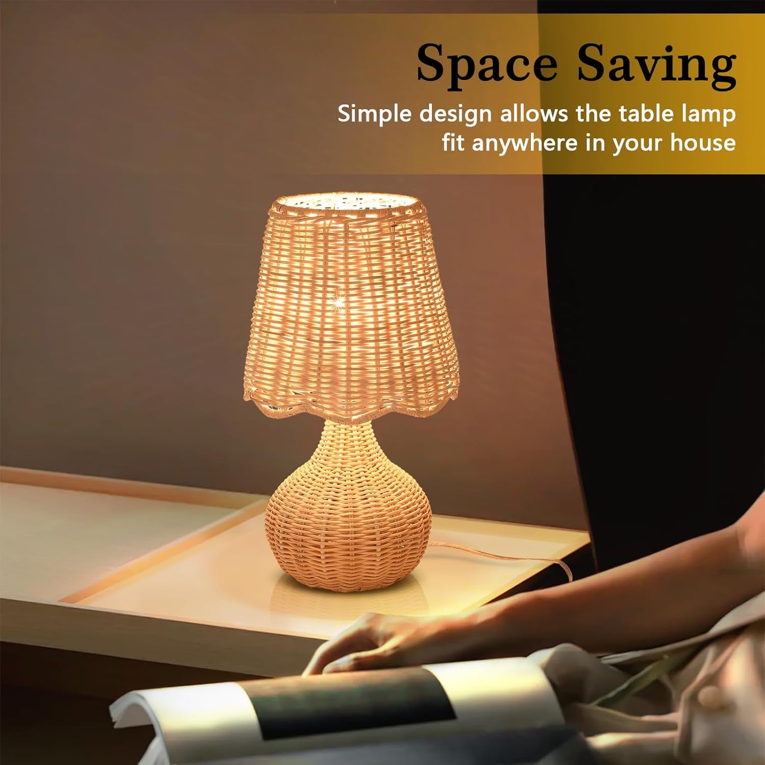 Rattan Small Bedside Table Lamp for Bedroom, Boho Mini Table Lamps for Nightstand, Farmhouse Small Table Lamps for Small Spaces for Kitchen Counter, Bookshelf, Bedroom, Kids Dorm