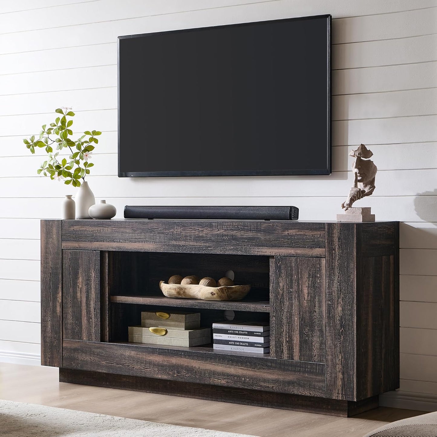 Modern 70" TV Stand, Entertainment Center for Tvs up to 80", Media Console with Large Open Storage & Side Cabinets, Thick Wood Design for Living Room, Light Knotty Oak