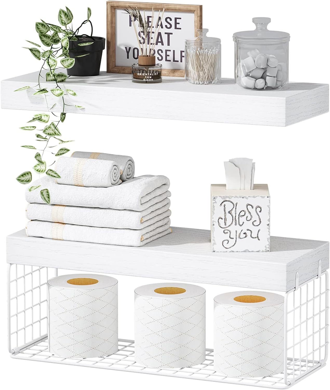 Bathroom Shelves over Toilet - Wall Mounted Floating Shelves Toilet Paper Storage Small Farmhouse Decor Shelf 16 Inch Set of 2, Rustic Brown (019-BN2)