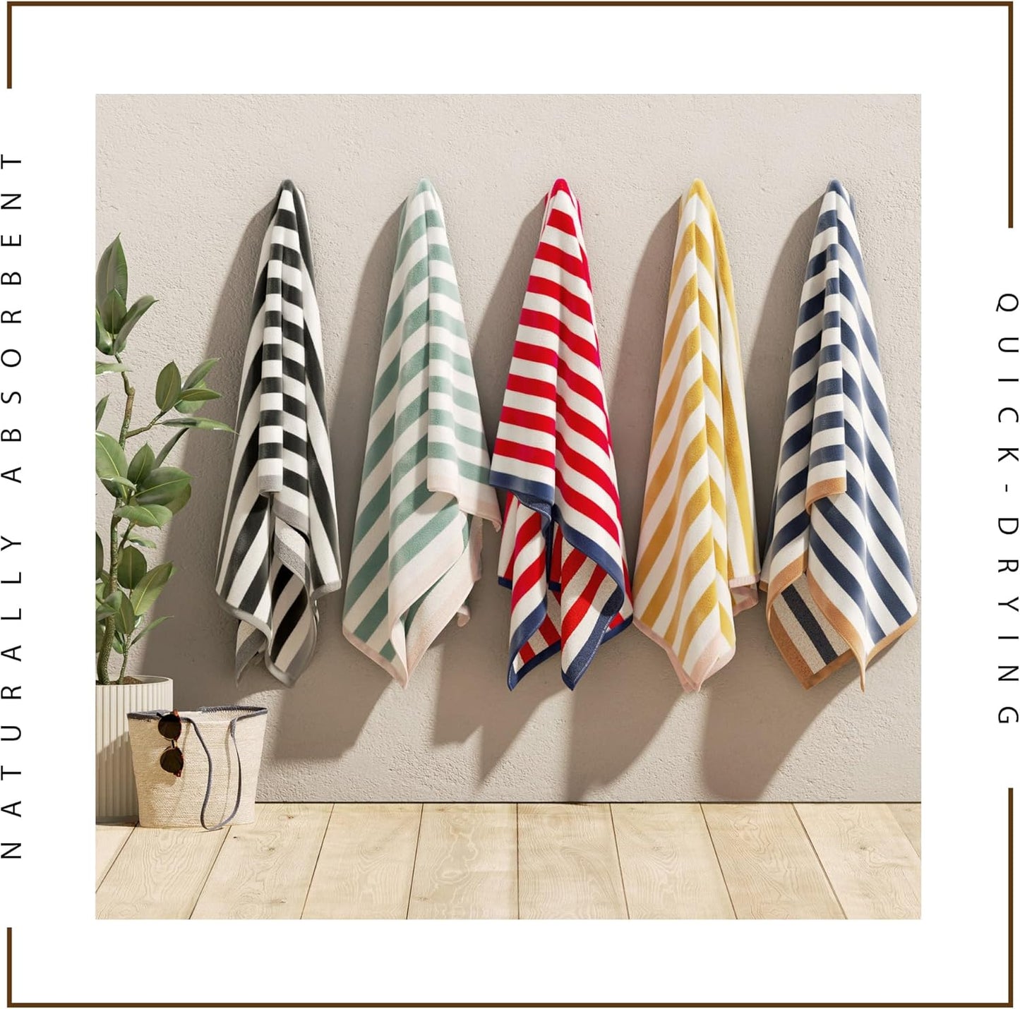 100% Cotton Velour Beach Towels - Oversized (35" X 70") Stripe Border Pool Towel - Quick Dry, Absorbent, Ultra-Soft (Mineral Blue/Blush).