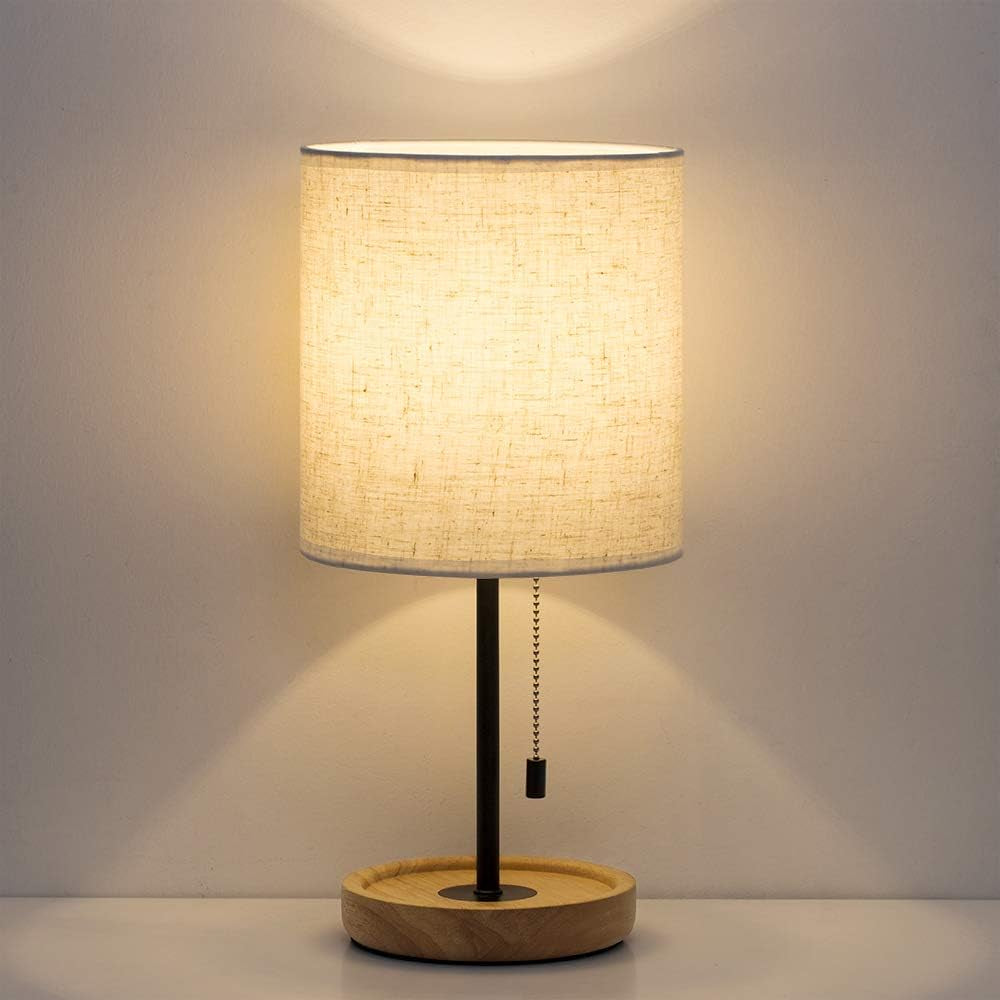 Bedside Table Lamp - Modern Nightstand Lamp with Linen Fabric Shade Wooden Desk Lamps for Bedrooms, Office, College Dorm, Dinning Room, Girls Room - 16 Inches (HT-AD005)