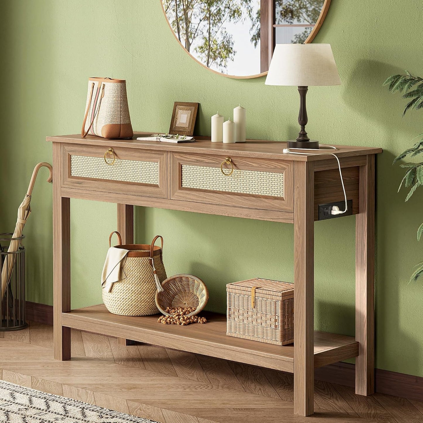 Rattan Console Sofa Table with Outlets and USB-C Port, 3 Drawer Entryway Table with Synthetic Rattan Surface, Open Shelf, behind Couch Entry Foyer Hallway Storage, Natural