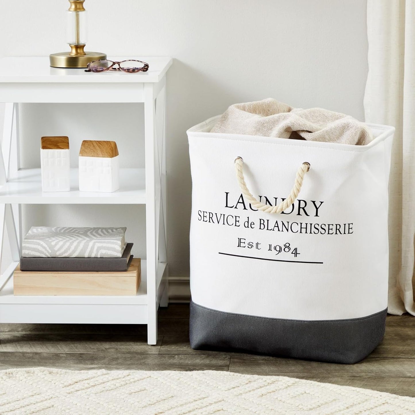 Canvas French Laundry Hamper - White and Gray Square Canvas Laundry Basket with Handles for Bathroom and Bedroom - Dry Cleaning Basket for Clothes, 60L (12 X 16 X 19.2 Inches)