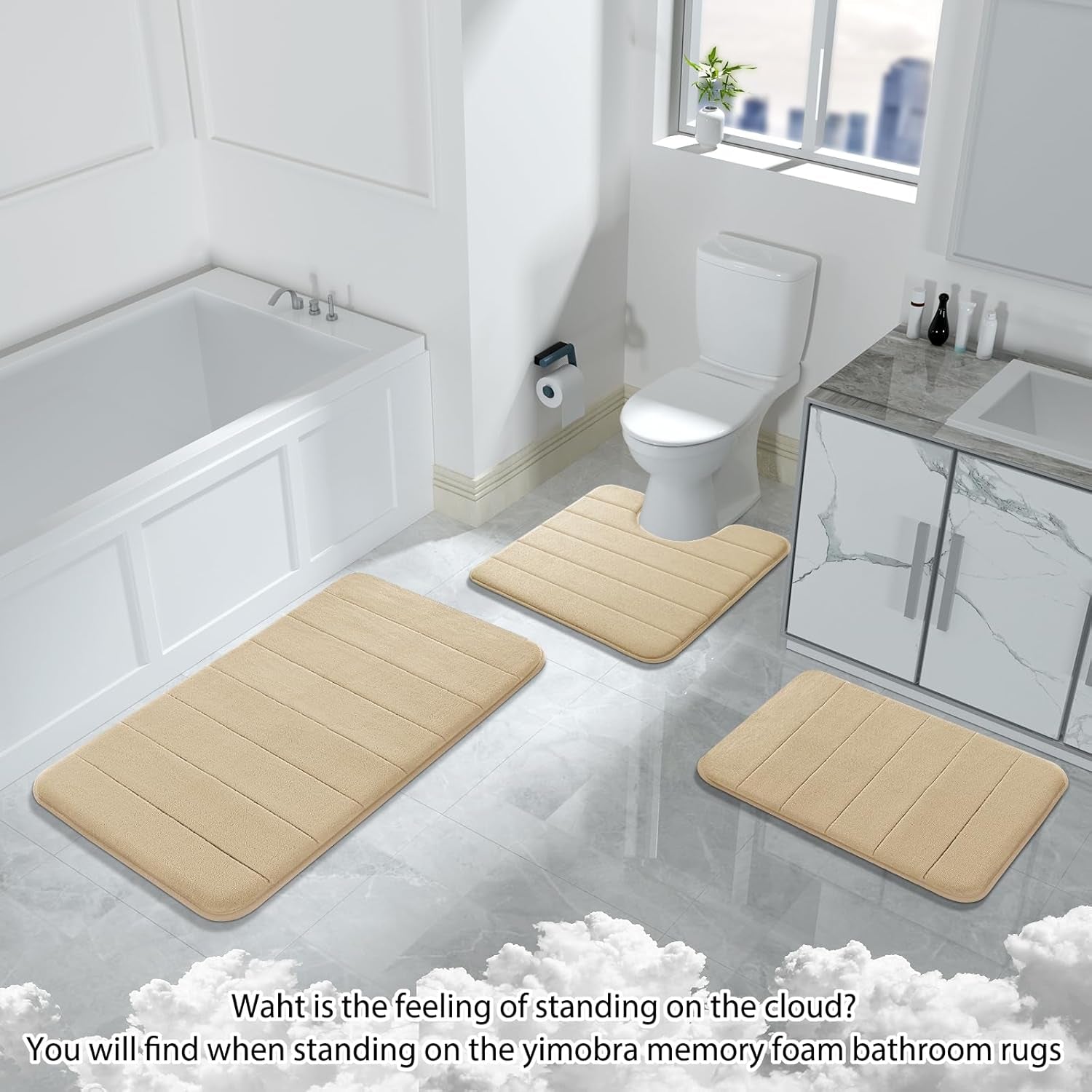 3 Pieces Memory Foam Bath Mat Set with U-Shaped Toilet Rug - Non Slip Super Soft Absorbent Quick Dry Bathroom Rugs for Bathtub, Vanity & Toilet Base, Beige