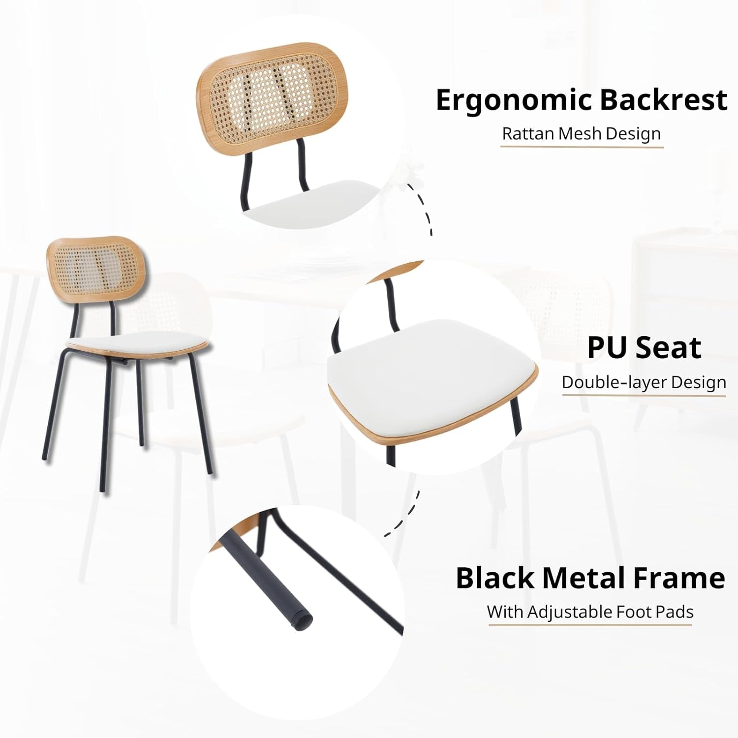 Dining Chairs Set of 2, Upholstered Faux Leather Rattan Dining Chairs with Backrest and Metal Legs, Armless Kitchen Rattan Chairs for Dining Room, White