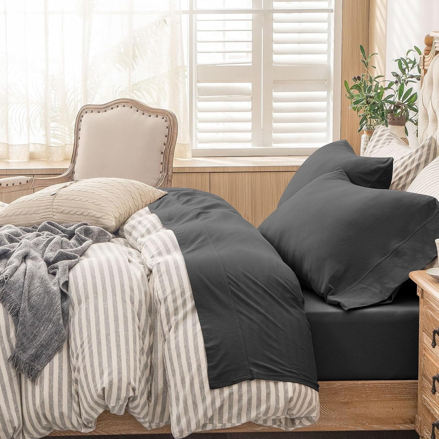 Jersey Knit 4Pc Bed Sheet Set 100% T-Shirt Heather Cotton Super Soft Comfy Breathable Fits Mattress up to 20" Extra Deep Pocket(Olive Green, King)
