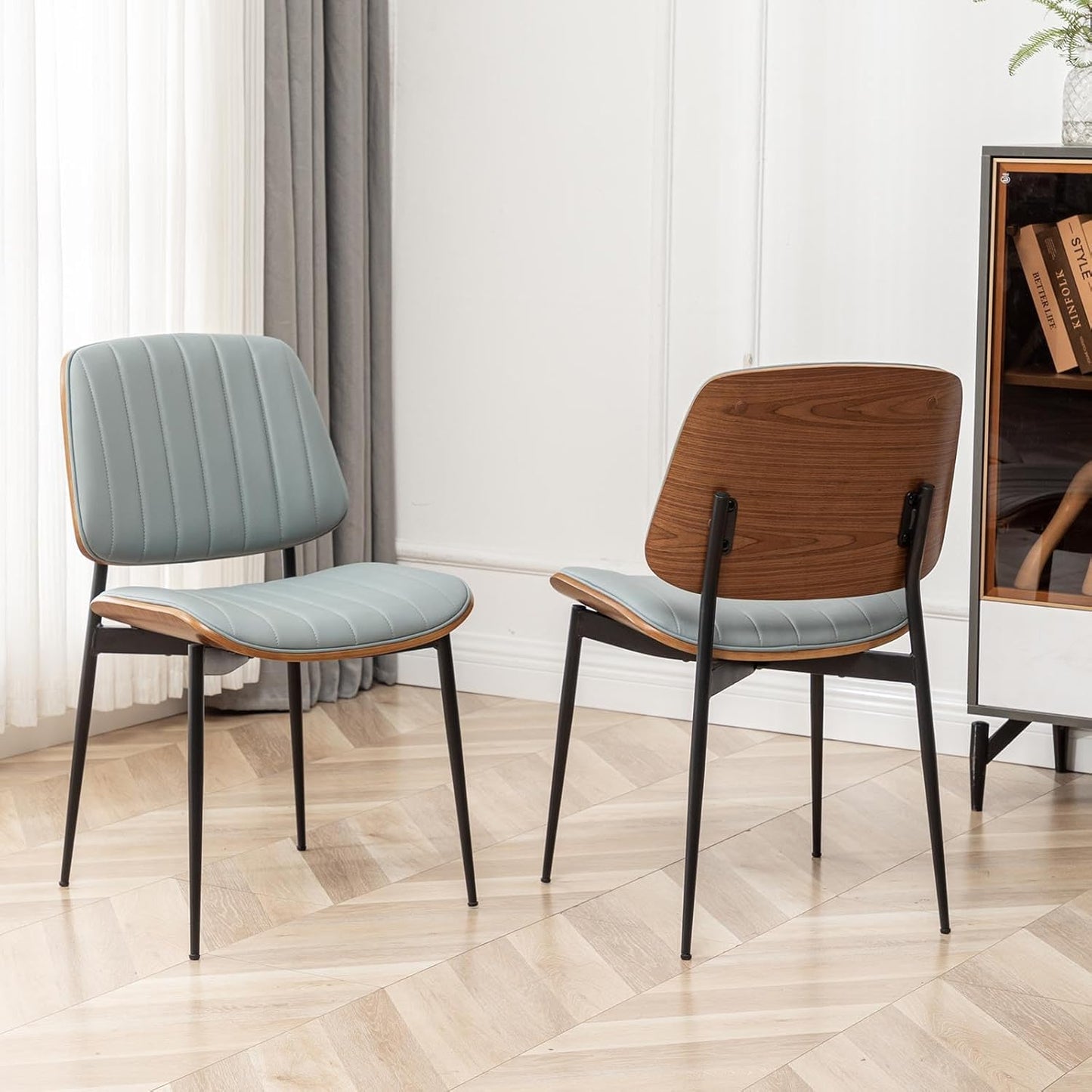 Dining Chairs Set of 2 Mid Century Modern Retro Faux Leather Chair with Walnut Bentwood Upholstered Seat Metal Legs Chairs,Adjustable Foot for Kitchen Dining Room Chairs(Green)
