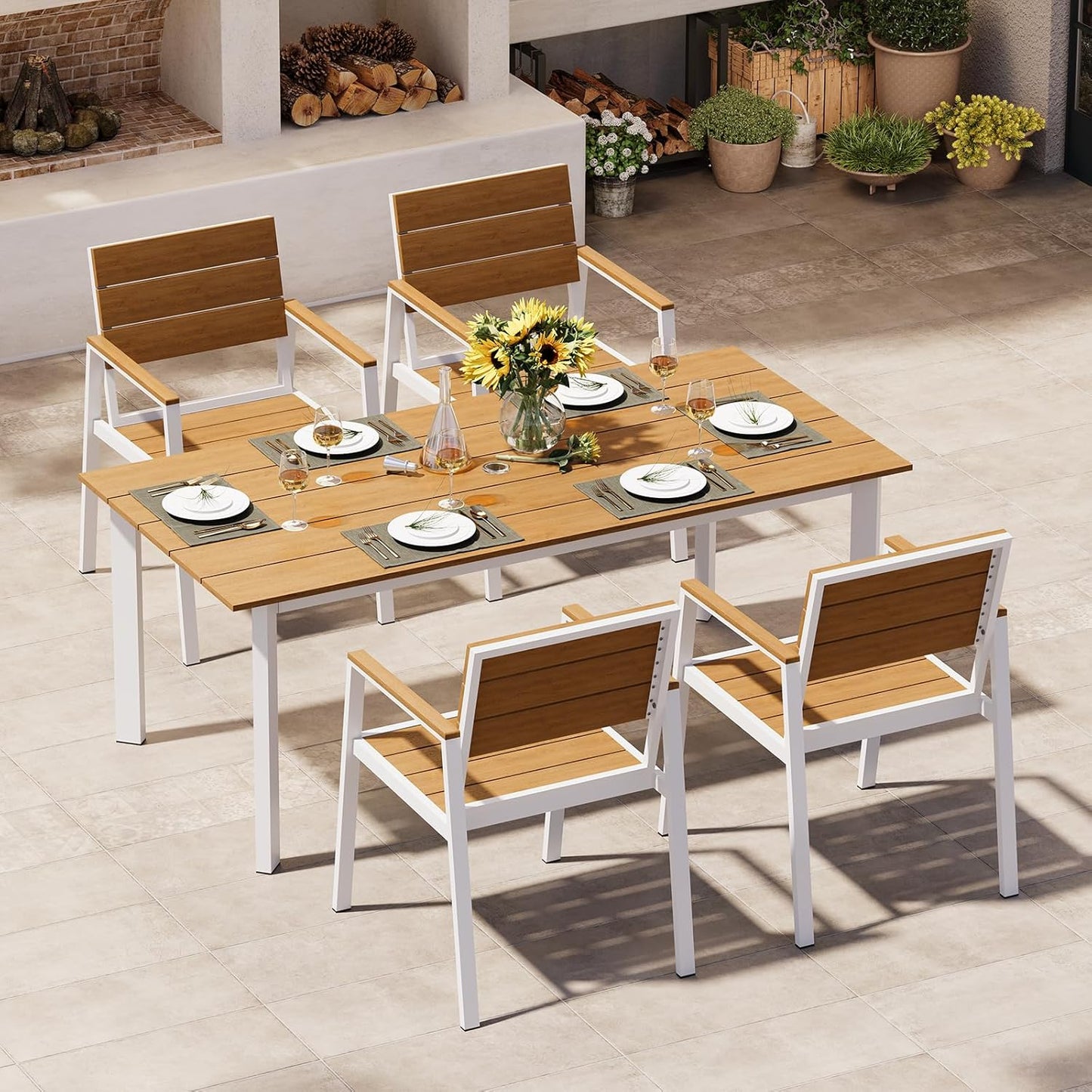 Outdoor Dining Set for 6, Patio Table and Chairs Set with Umbrella Hole, 7 Pieces HDPS Outdoor Furniture Sets for Patio, Garden, Backyard (Gray & Teak)