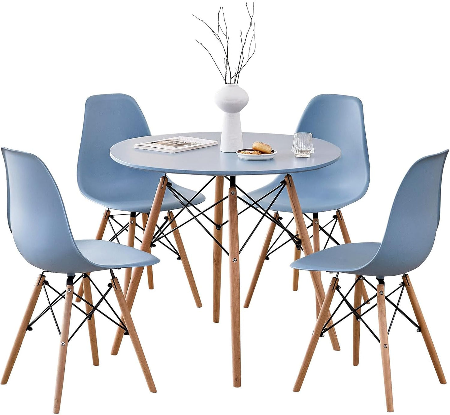 5-Piece round Dining Table Set, Small 31.5" Kitchen Table Chairs Set of 4 Space Saving Furniture, Plastic Seats, Solid Wood Legs, for Living Room Apartment Office Home, Green