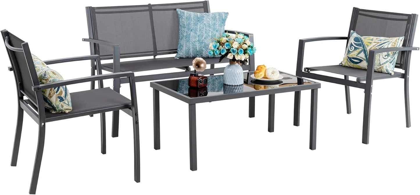 4 Pieces Patio Furniture Sets,Outdoor Patio Conversation Sets with Glass Coffee Table, Small Porch Balcony Furniture, Patio Table and Chairs Set for Garden, Backyard (Black)