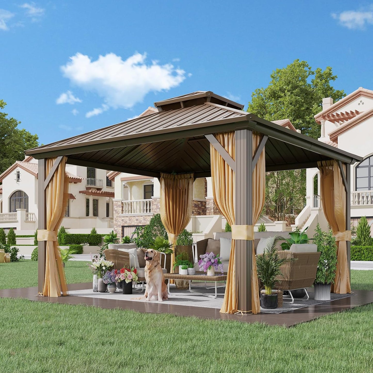 10' X 12' Hardtop Gazebo, Metal Gazebo with Aluminum Frame, Double Galvanized Steel Roof, Curtains and Netting Included, Pergolas for Patios, Garden, Parties, Lawns
