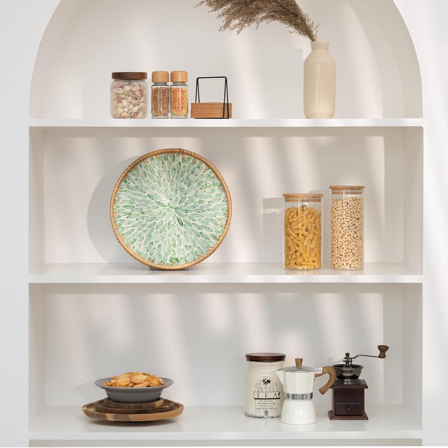 Decorative Coffee Table Trays for Home Decor, round Rattan Tray with Mother of Pearl Inlay, Small Wicker Woven Serving Tray Decor for Kitchen Counter, Living Room and Ottoman, Green