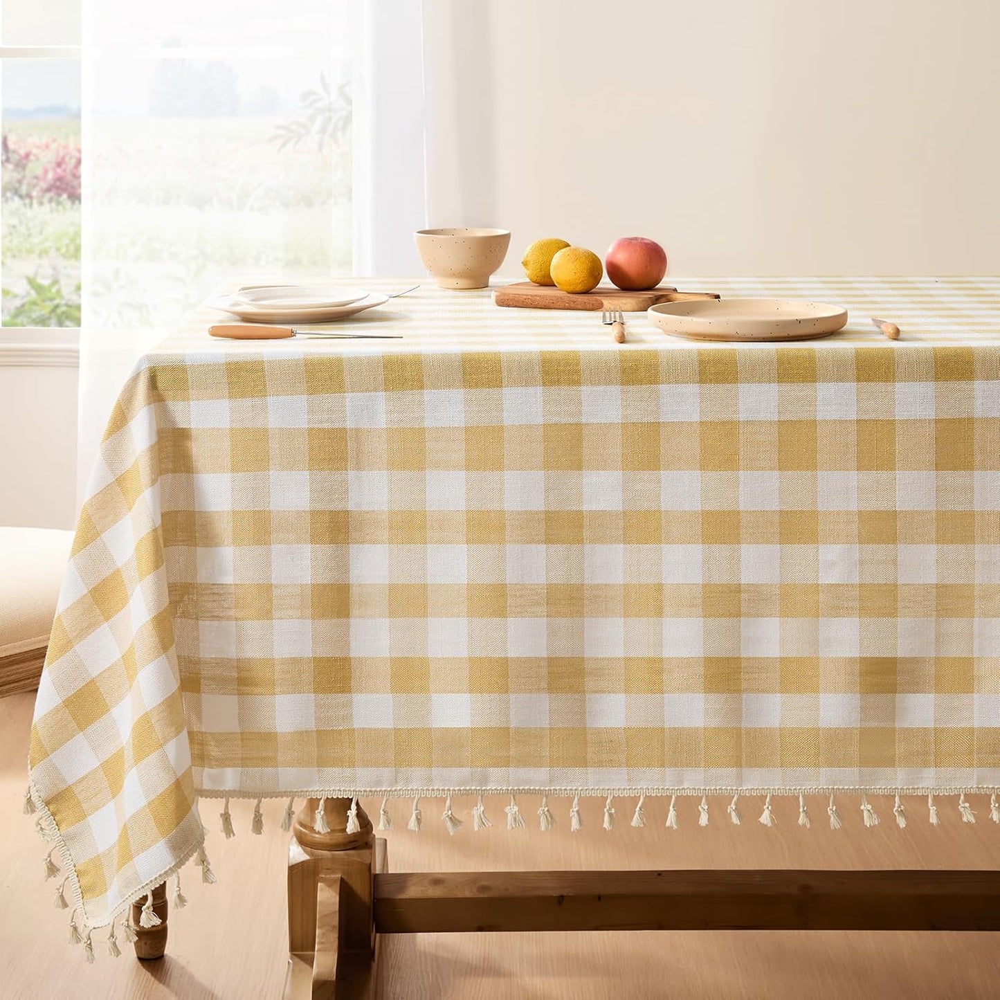 Checkered Tablecloth Rectangle, Heavy Weight Linen Gingham Christmas Table Cloth with Tassel, Washable Wrinkle Free Buffalo Plaid Table Cover for Dining/Party/Home - 55 X 84 Inch, Sage