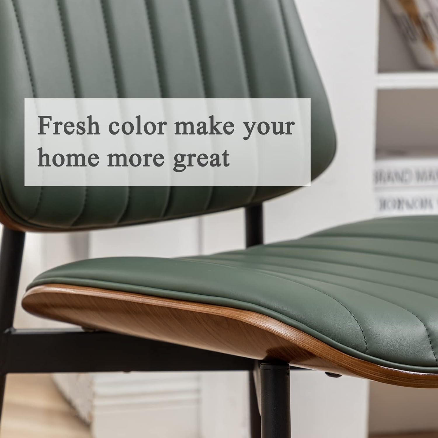 Dining Chairs Set of 2 Mid Century Modern Retro Faux Leather Chair with Walnut Bentwood Upholstered Seat Metal Legs Chairs,Adjustable Foot for Kitchen Dining Room Chairs(Green)