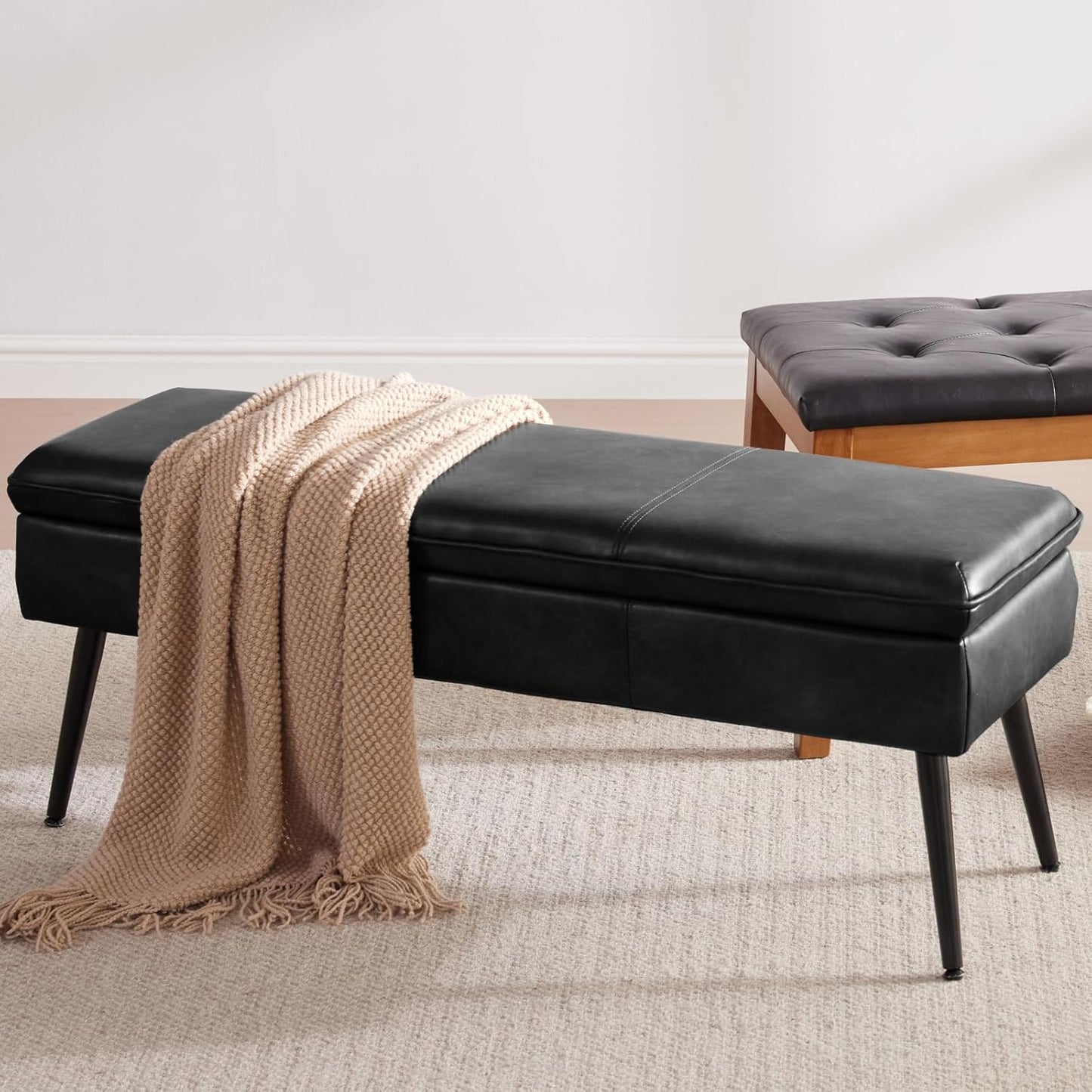 Storage Ottoman Upholstered Stool with Padded Seat, Tufted Vanity Stool with Metal Legs, Accent Stool, Faux Leather, Cognac Brown