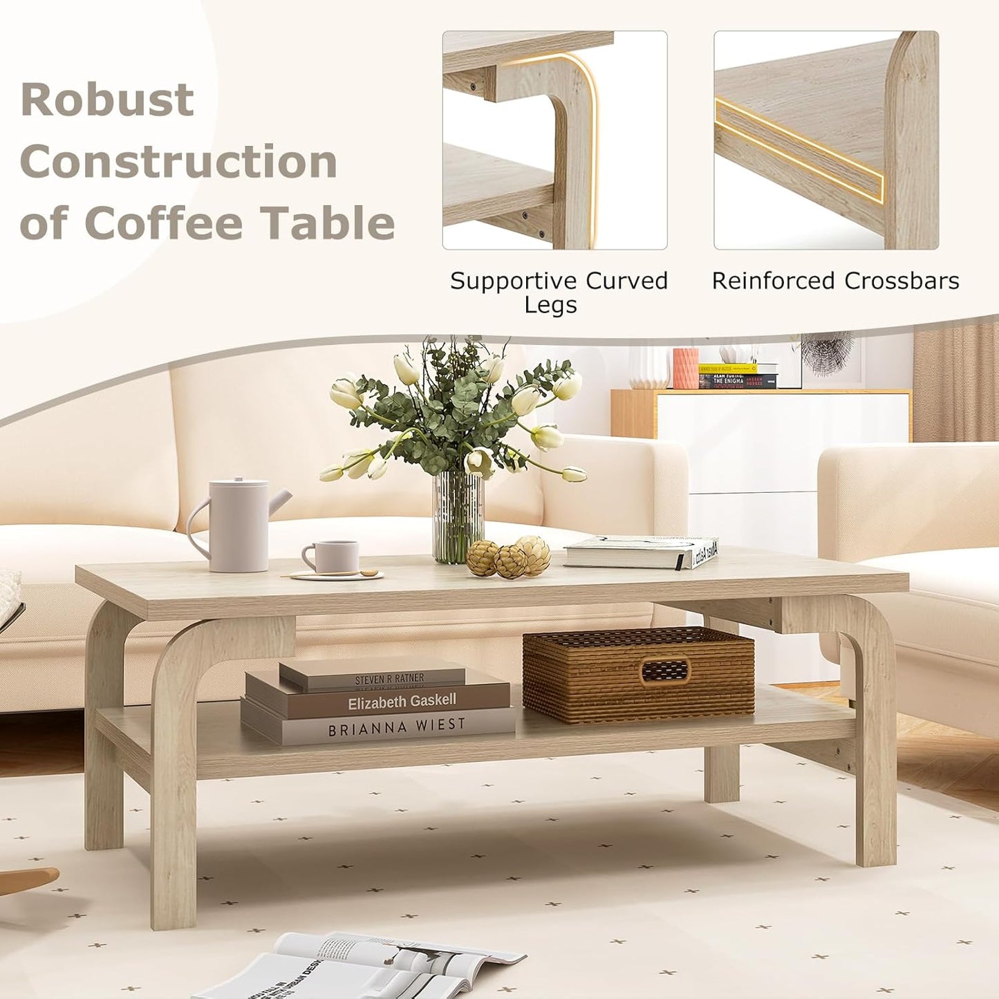 2-Tier Coffee Table with Storage, 47” Mid Century Rectangle Accent Table with Open Shelf, Large Tabletop & Curved Legs, Rustic Style Wood Cocktail, Center Table for Living Room, Natural