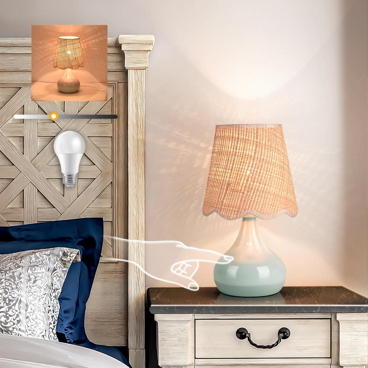 Rattan Small Bedside Table Lamp for Bedroom, Boho Mini Table Lamps for Nightstand, Farmhouse Small Table Lamps for Small Spaces for Kitchen Counter, Bookshelf, Bedroom, Kids Dorm