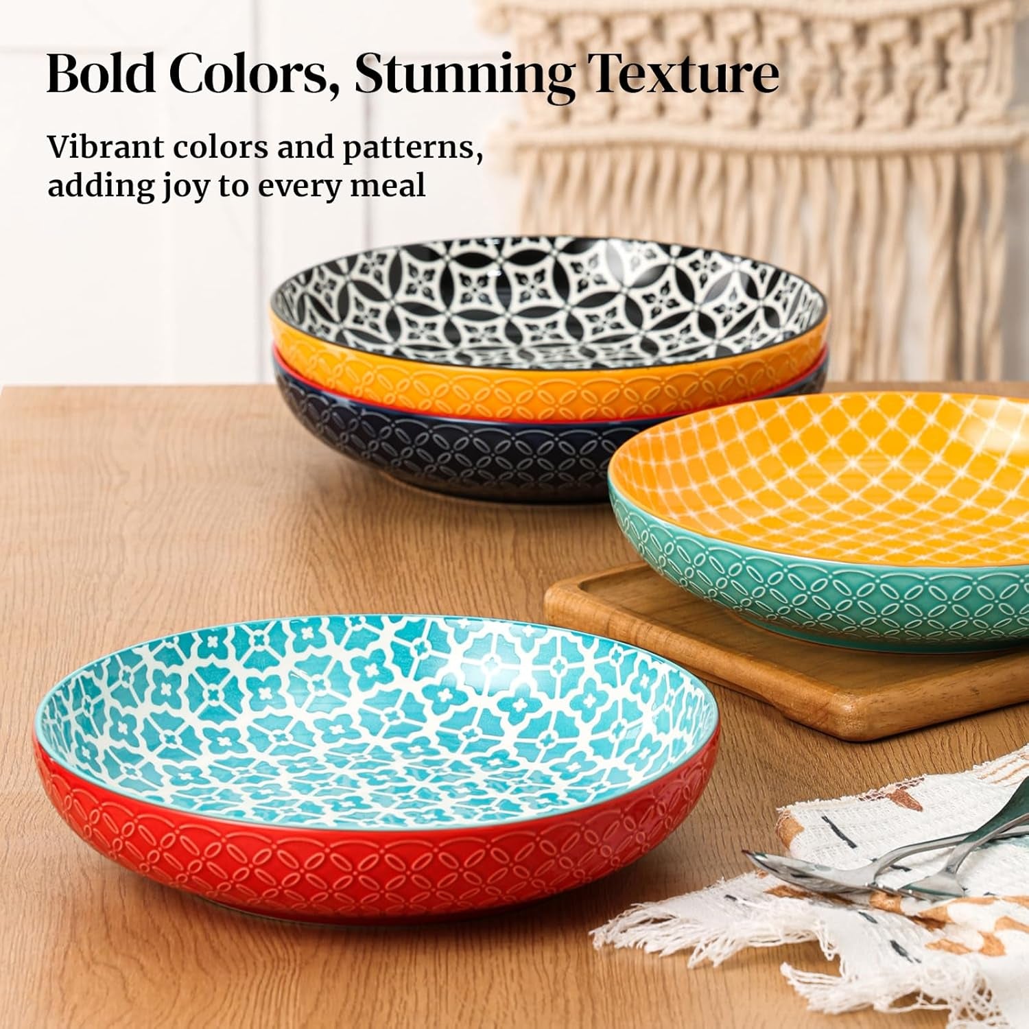10" Vibrant Pasta, Salad & Soup Serving Bowls Set of 4, Embossed Large Porcelain Ceramic, Microwave & Dishwasher Safe, Bonita Design Dinnerware Dishes for Daily Dining, Family Gatherings, Party