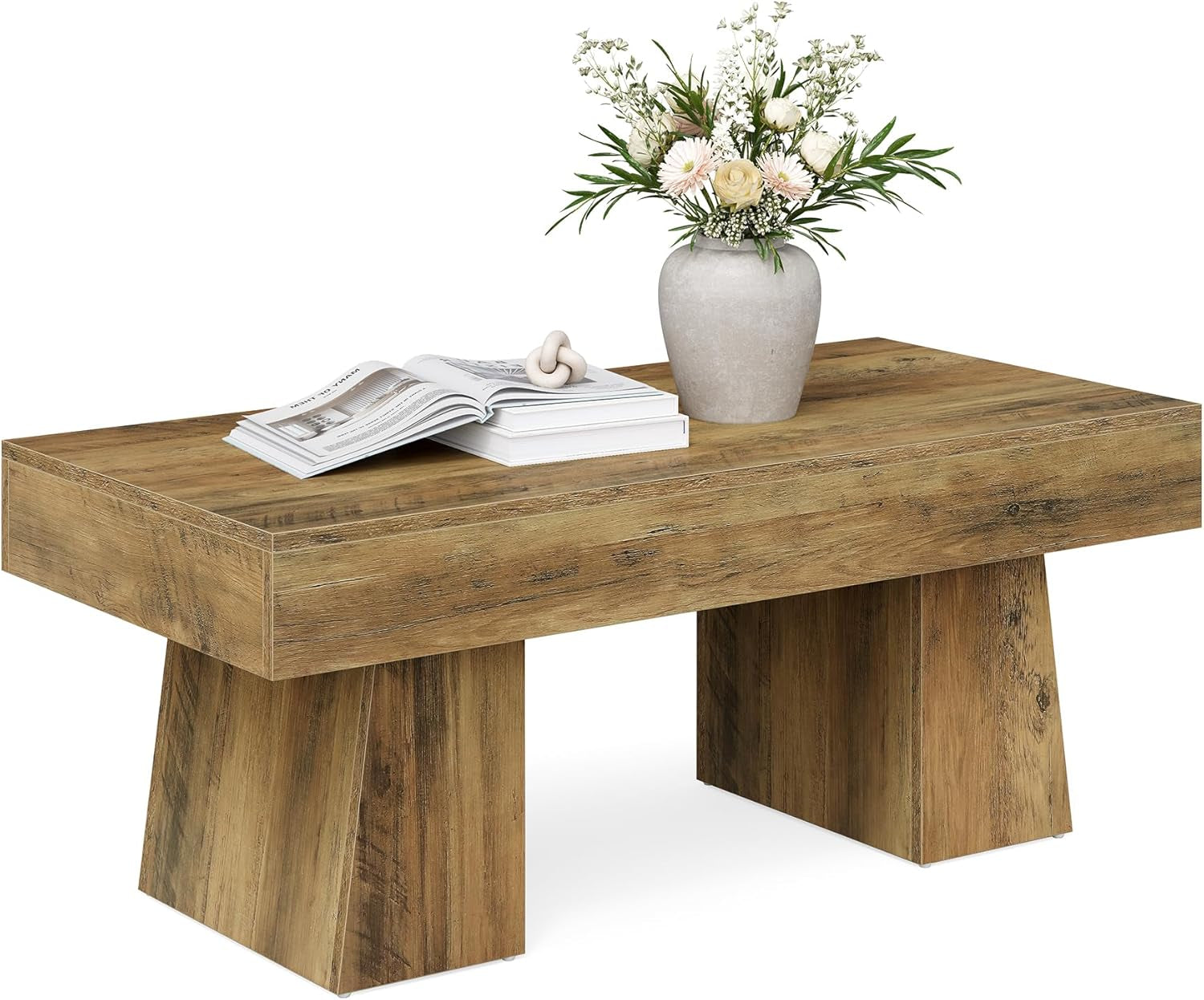 Farmhouse Coffee Table, 47 Inches Wooden Rectangular Accent Center Tables with Thick Base, Modern Low Cocktail Tea Furniture for Living Room (Rustic Brown)