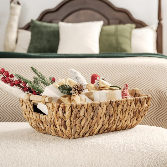 Hand-Woven Large Storage Baskets with Wooden Handles, Water Hyacinth Wicker Baskets for Organizing, 2-Pack
