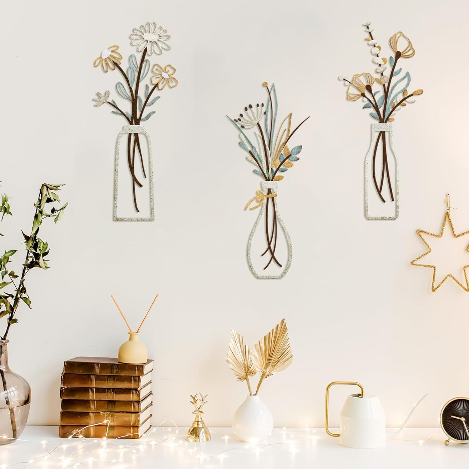 3 Pieces Metal Flowers Wall Arts - Rustic Farmhouse Decor Beige Minimalist Flower Wall Decors for Living Room Bathroom Bedroom Dining Room-Housewarming Gifts (Beige, Vase-C)