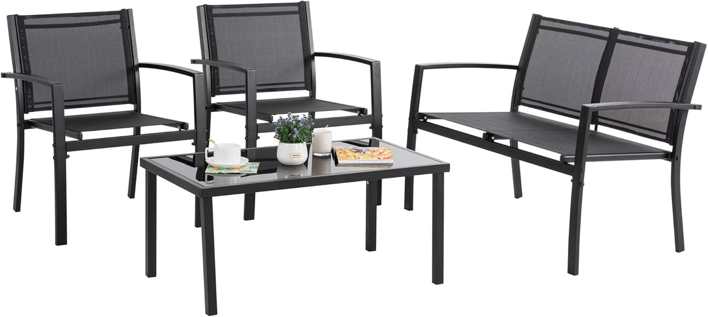 4 Pieces Patio Furniture Sets,Outdoor Patio Conversation Sets with Glass Coffee Table, Small Porch Balcony Furniture, Patio Table and Chairs Set for Garden, Backyard (Black)
