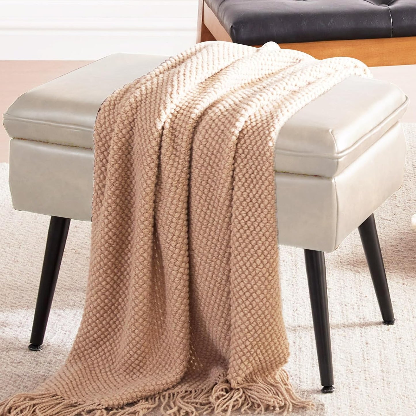Storage Ottoman Upholstered Stool with Padded Seat, Tufted Vanity Stool with Metal Legs, Accent Stool, Faux Leather, Cognac Brown