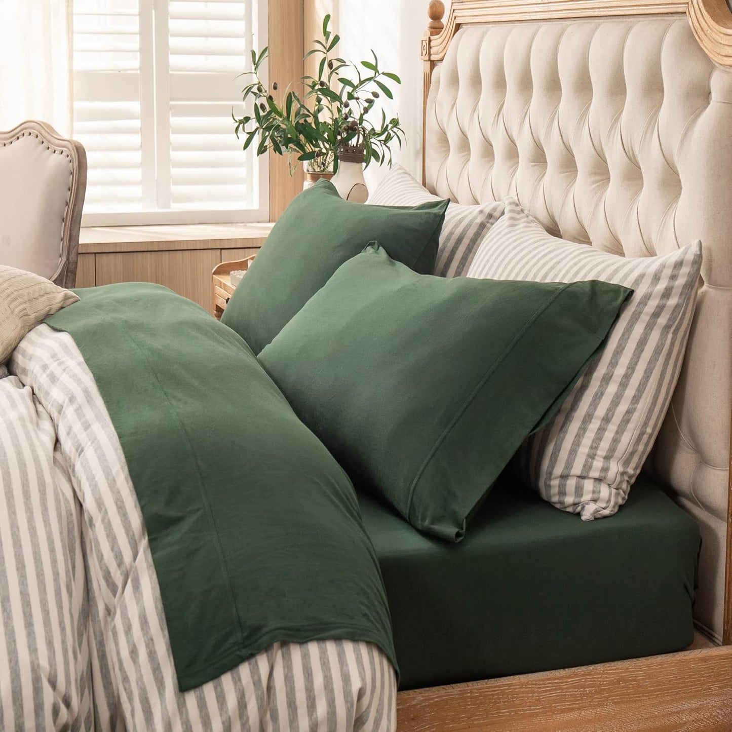 Jersey Knit 4Pc Bed Sheet Set 100% T-Shirt Heather Cotton Super Soft Comfy Breathable Fits Mattress up to 20" Extra Deep Pocket(Olive Green, King)