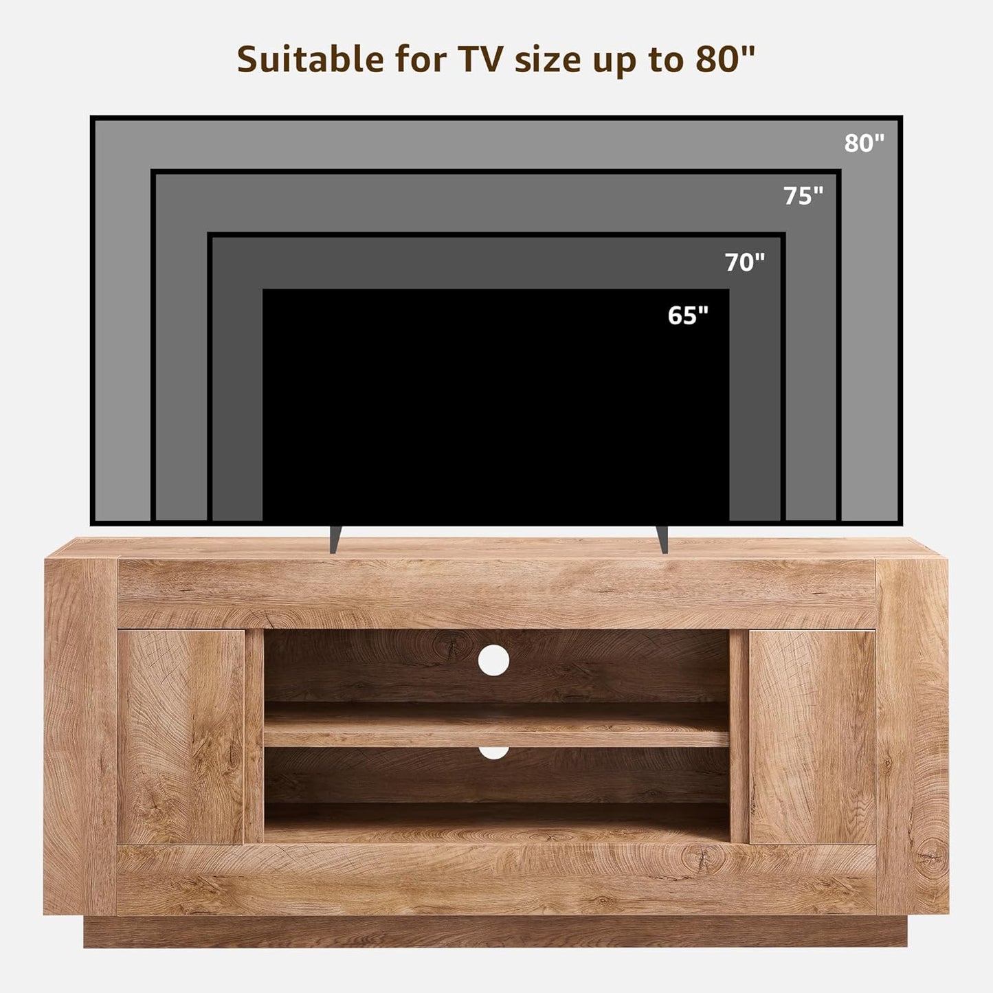 Modern 70" TV Stand, Entertainment Center for Tvs up to 80", Media Console with Large Open Storage & Side Cabinets, Thick Wood Design for Living Room, Light Knotty Oak