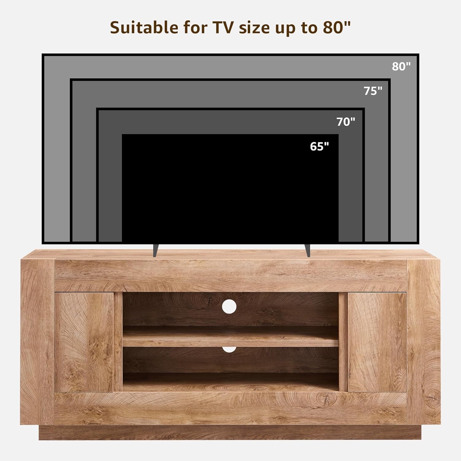 Modern 70" TV Stand, Entertainment Center for Tvs up to 80", Media Console with Large Open Storage & Side Cabinets, Thick Wood Design for Living Room, Light Knotty Oak