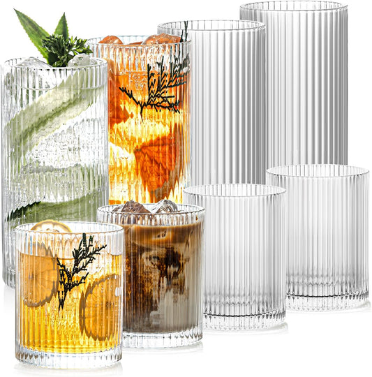 Set of 8 Ribbed Glassware, 4 Large Glasses 13 Oz, 4 Rocks Glass Cups 10 Oz