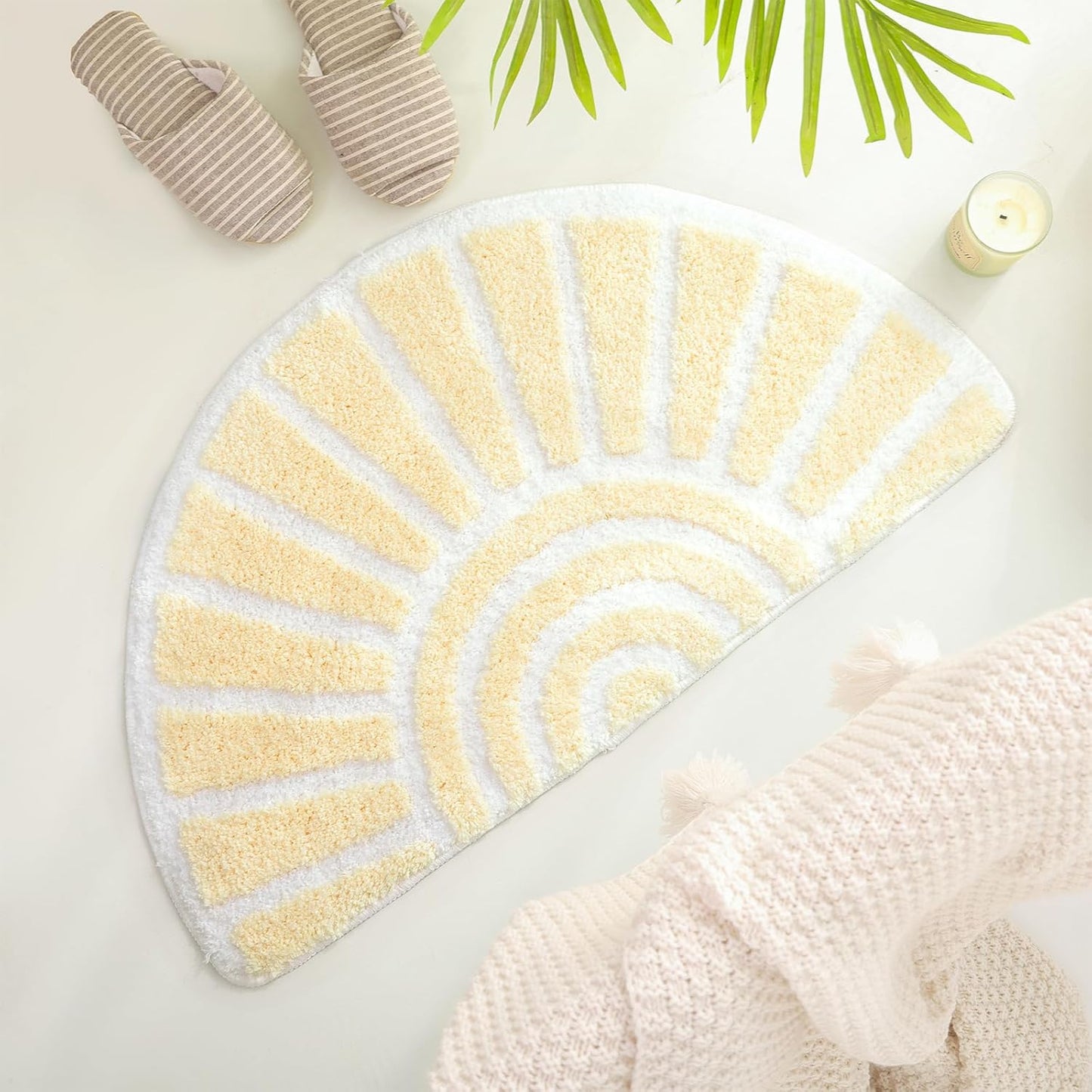 Colorful Boho Bath Mat Half round Water Absorbent Non-Slip Bathroom Rugs, Machine Washable Soft Microfiber Sun Bath Rug for Bathroom, Shower, Room