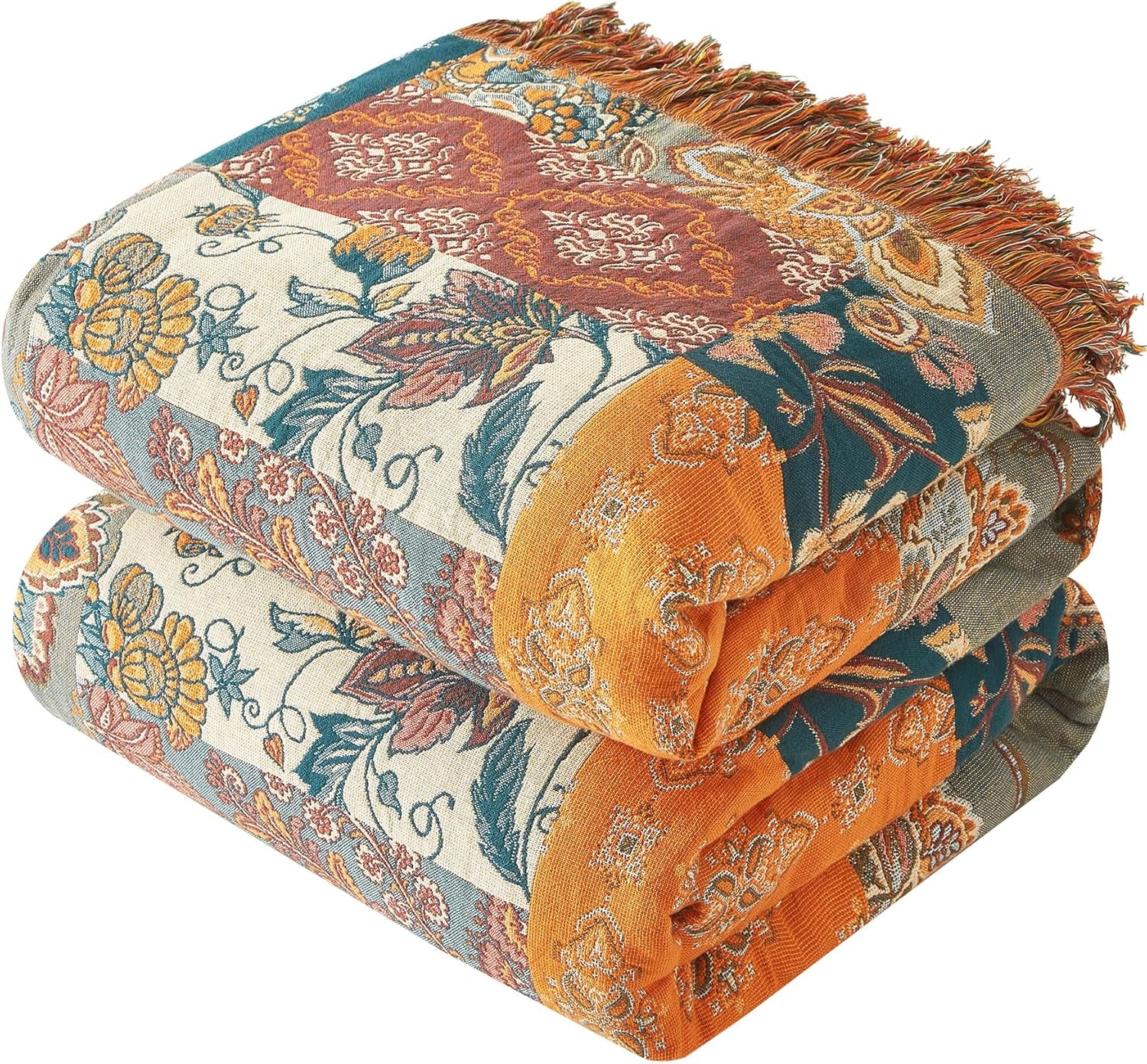 Boho Throw Blanket for Couch Sofa Bed, 100% Cotton Woven Quilt with Tassel 60”X80”, Super Soft Muslin Blanket with Floral Printed, Decorative Reversible Bed Blanket/Cover for All Seasons