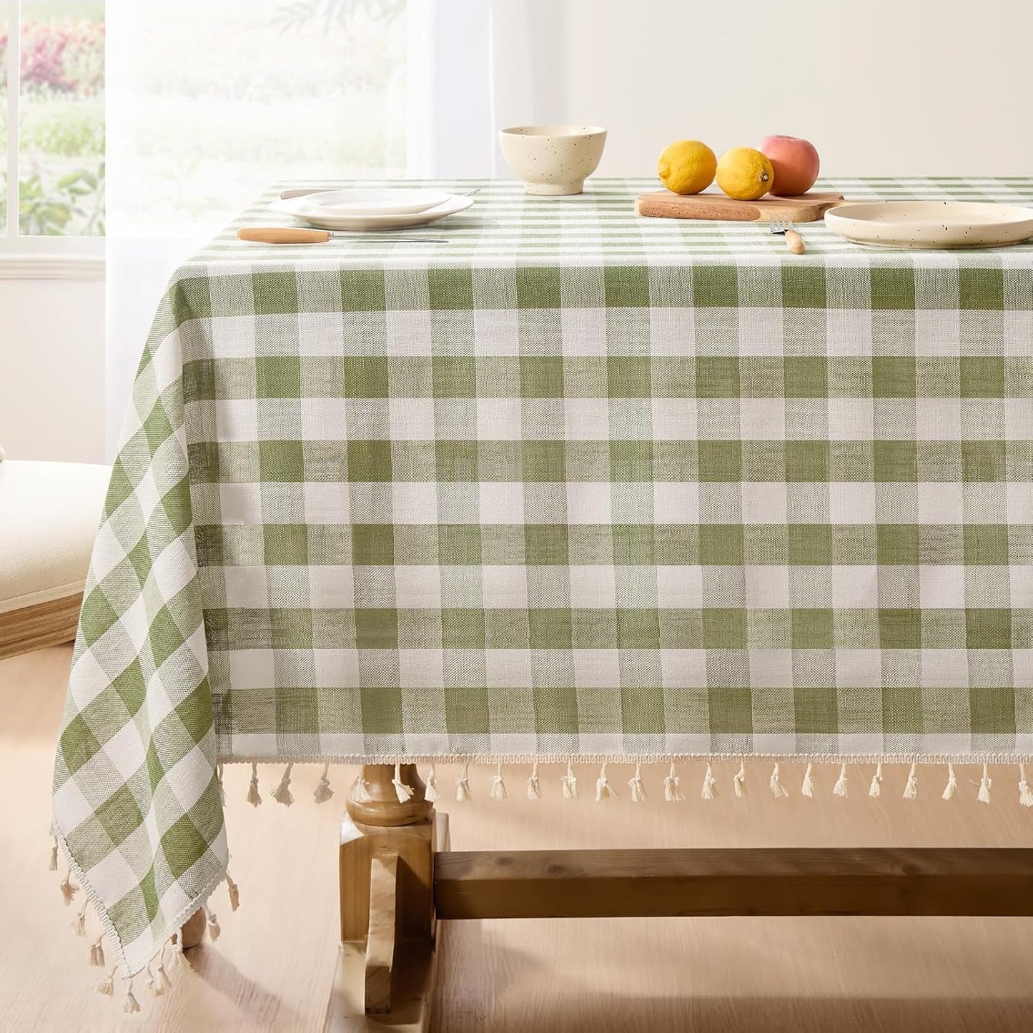 Checkered Tablecloth Rectangle, Heavy Weight Linen Gingham Christmas Table Cloth with Tassel, Washable Wrinkle Free Buffalo Plaid Table Cover for Dining/Party/Home - 55 X 84 Inch, Sage