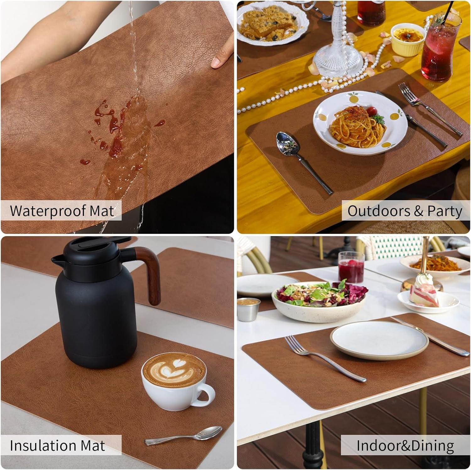 Cowhide Pattern Faux Leather Placemats Set of 6,Heat Resistant Non-Slip Waterproof Wipeable Washable Kitchen Dining PU Table Place Mats,Double-Sides Available,Dark Coffee