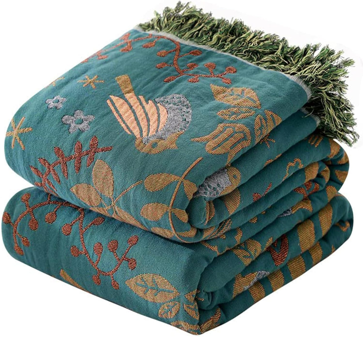 Boho Throw Blanket for Couch Sofa Bed, 100% Cotton Woven Quilt with Tassel 60”X80”, Super Soft Muslin Blanket with Floral Printed, Decorative Reversible Bed Blanket/Cover for All Seasons