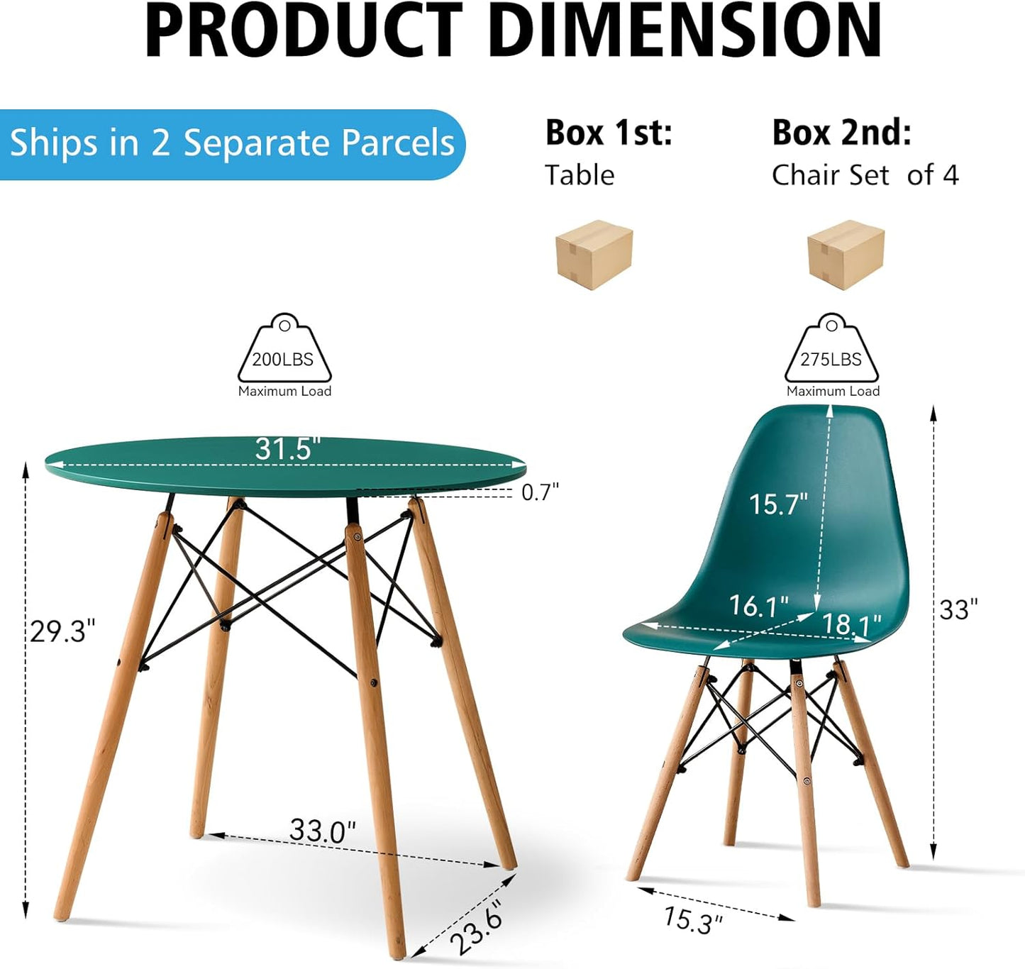 5-Piece round Dining Table Set, Small 31.5" Kitchen Table Chairs Set of 4 Space Saving Furniture, Plastic Seats, Solid Wood Legs, for Living Room Apartment Office Home, Green