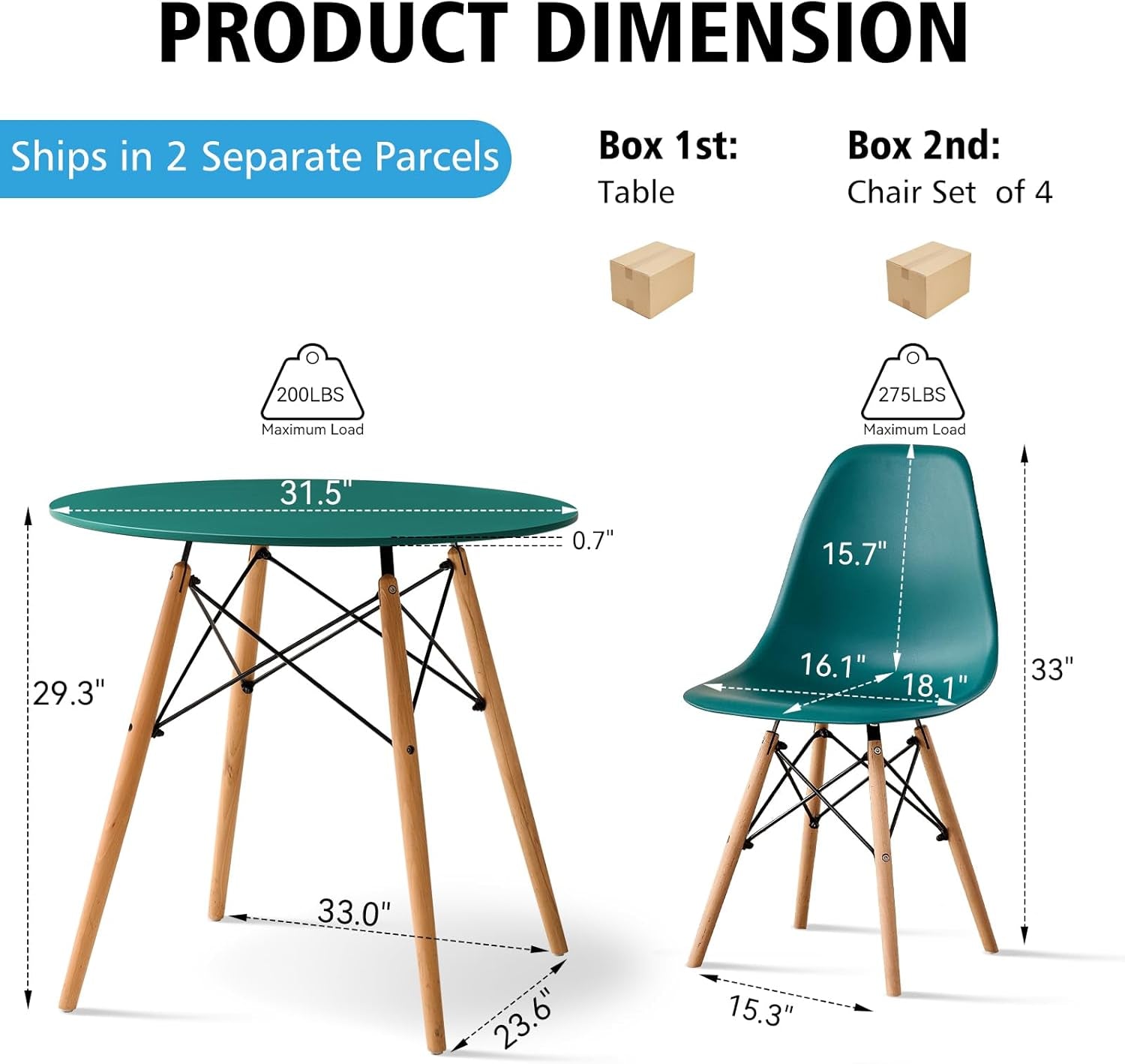5-Piece round Dining Table Set, Small 31.5" Kitchen Table Chairs Set of 4 Space Saving Furniture, Plastic Seats, Solid Wood Legs, for Living Room Apartment Office Home, Green