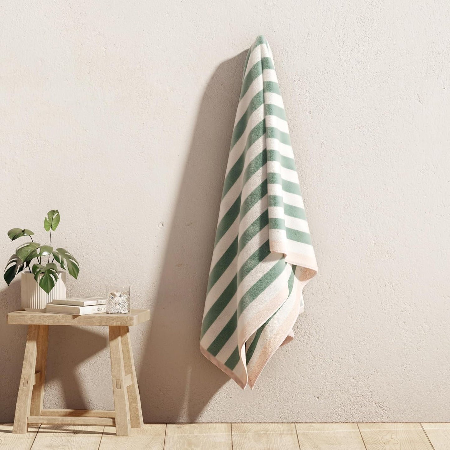 100% Cotton Velour Beach Towels - Oversized (35" X 70") Stripe Border Pool Towel - Quick Dry, Absorbent, Ultra-Soft (Mineral Blue/Blush).