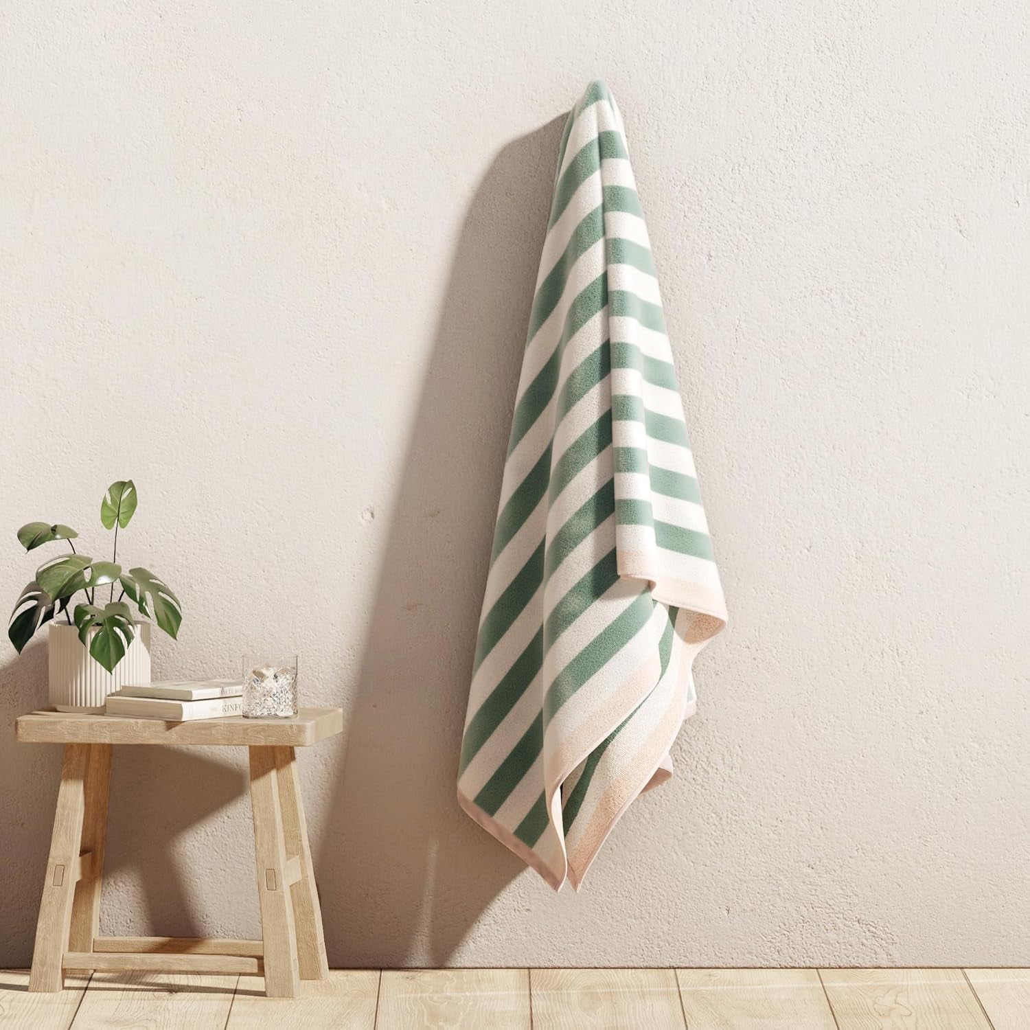 100% Cotton Velour Beach Towels - Oversized (35" X 70") Stripe Border Pool Towel - Quick Dry, Absorbent, Ultra-Soft (Mineral Blue/Blush).