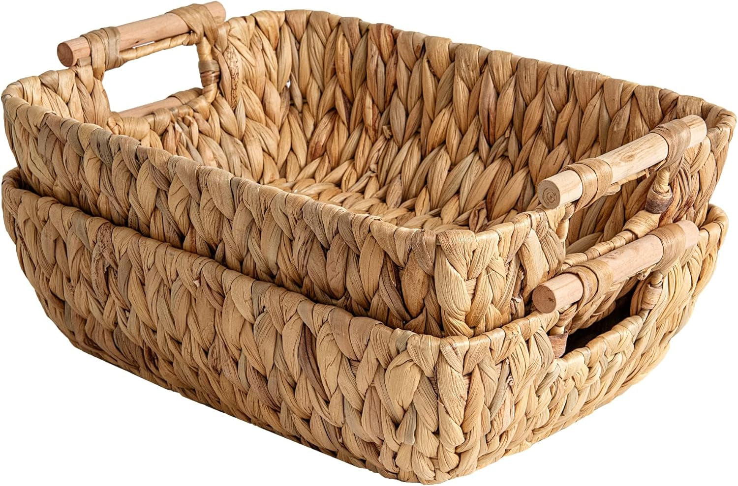 Hand-Woven Large Storage Baskets with Wooden Handles, Water Hyacinth Wicker Baskets for Organizing, 2-Pack