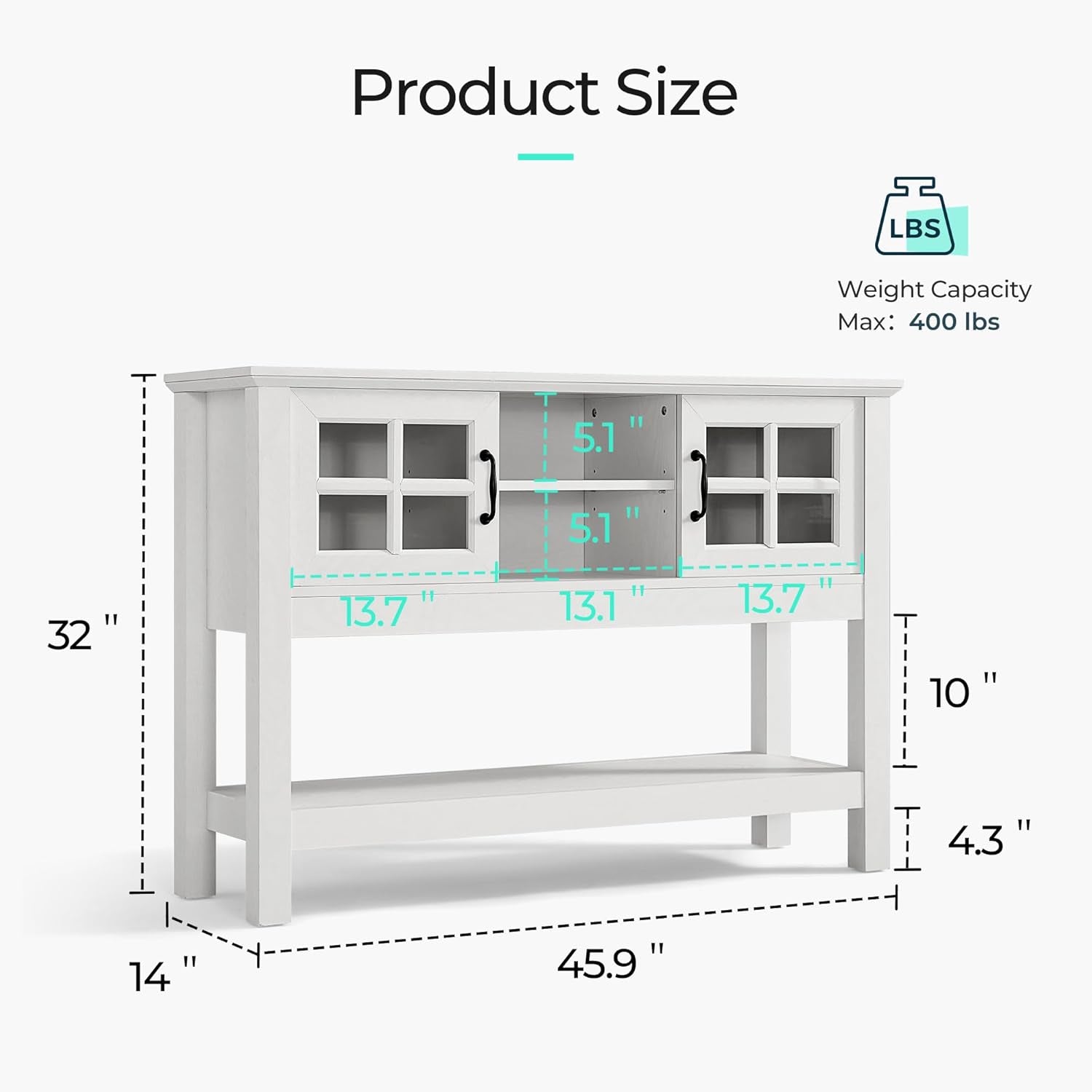 46“ Console Table with Sliding Glass Doors, Coffee Bar, Modern Entryway Table with Storage Shelf, Sofa Table behind Couch, Buffet Sideboard for Kitchen, Hallway, Living Room, White